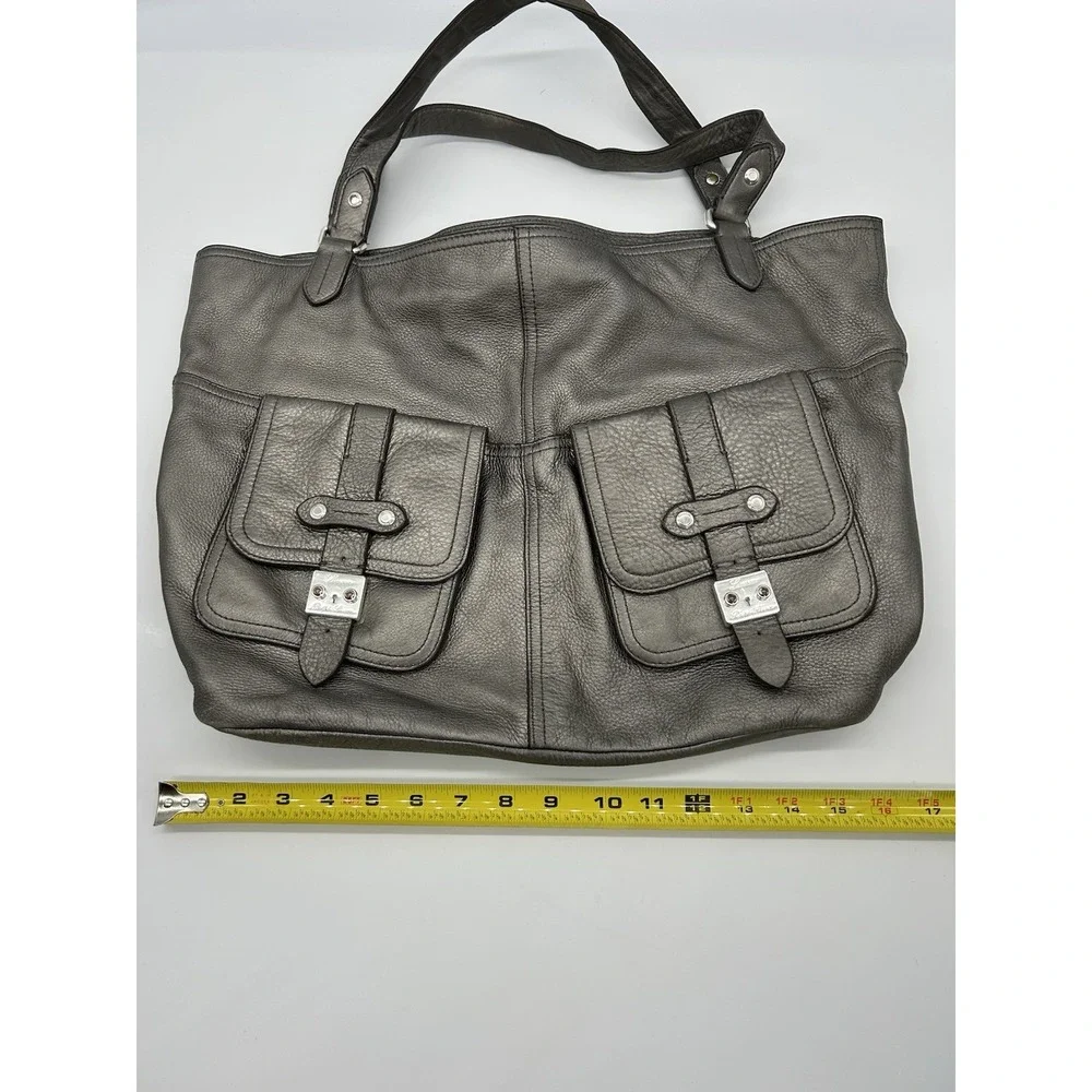 Lauren Ralph Lauren Silver Pebbled Leather 1967‎ Hobo Bag Cargo Pockets Designer